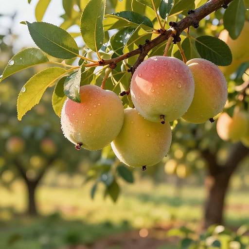 Photograph of ripe, dew-covered peaches hanging from a sunlit tree branch with green leaves, blurred orchard background.