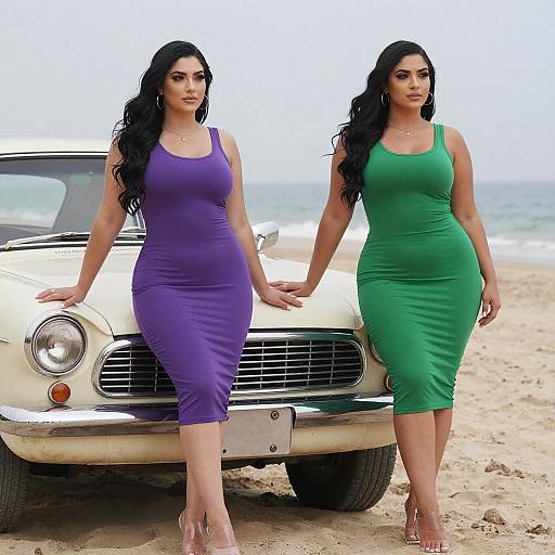 Curvy Women Posing by Vintage Car