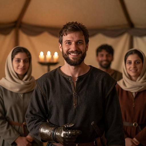 Medieval Man in Dark Clothing with Metallic Glove