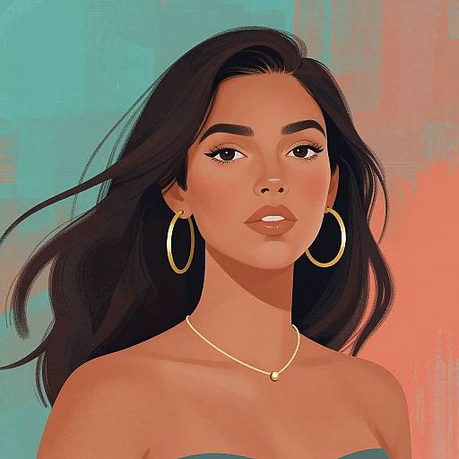 Digital illustration of a beautiful woman with dark skin, long black hair, golden hoop earrings, and necklace, against a teal and pink background.