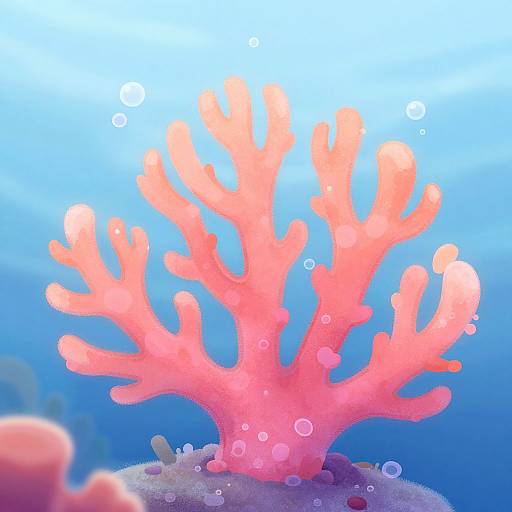 Photograph of a vibrant, neon pink coral with branching arms, set against a blue underwater backdrop with bubbles.