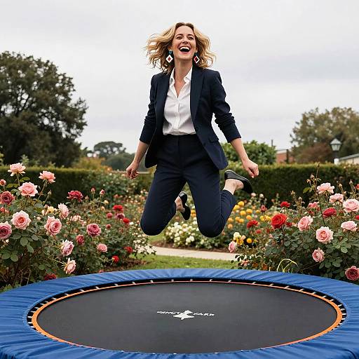 Architect Laughing on Trampoline in Rose Garden