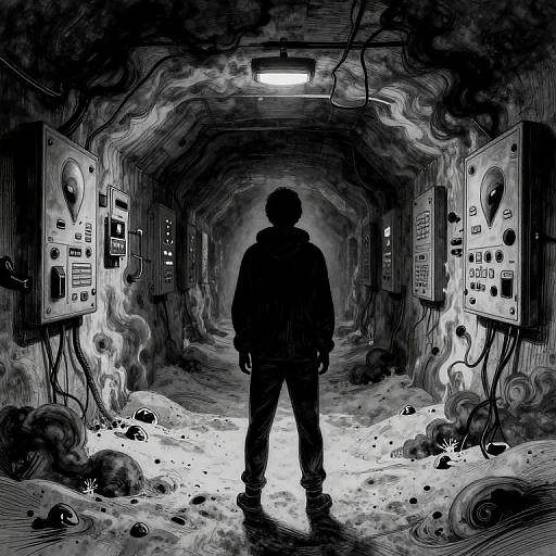 Digital black-and-white illustration of a silhouetted figure standing in a smoky, tunnel-like room with control panels and scattered debris.