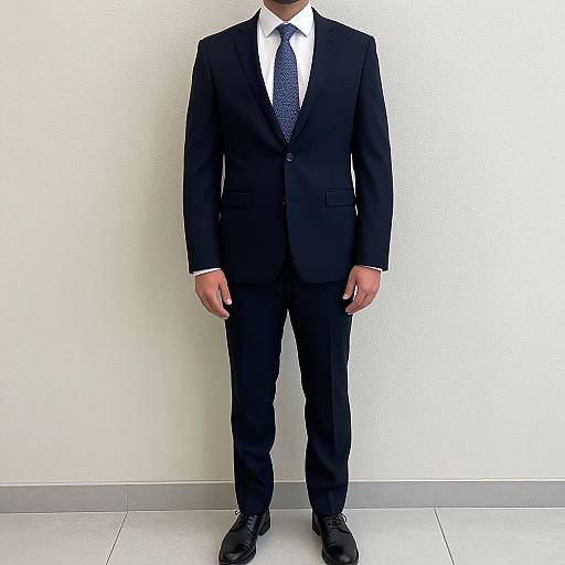 Photograph of a man in a black suit, white shirt, and blue tie, standing against a plain white wall, with black dress shoes on a