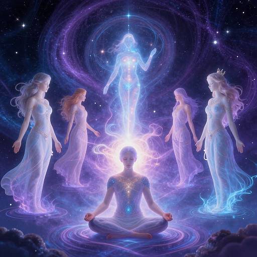 Digital artwork: A glowing, bald meditating figure in a lotus position, surrounded by five ethereal, glowing women in flowing white dresses, against