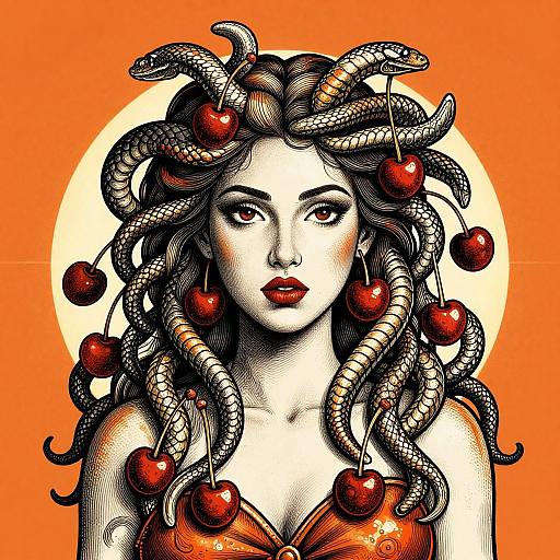 Digital drawing of a woman with snake-like hair adorned with cherries, orange background, white circle behind her head, black and white shading.