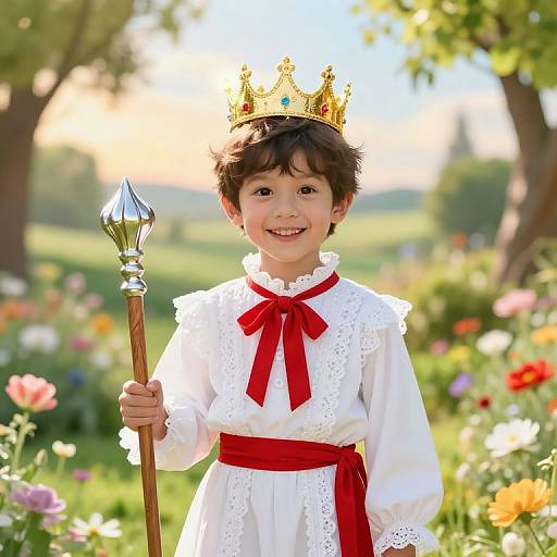 Young Crowned Boy in Magical Garden