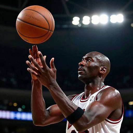 Photograph of a muscular Black male basketball player with a bald head, wearing a white jersey, catching a basketball under bright stadium lights.