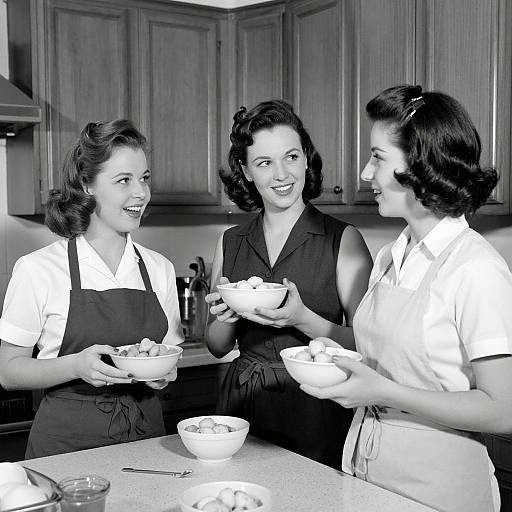 Black-and-white photograph of three smiling 1940s-style women in aprons, holding bowls of food in a wooden kitchen.