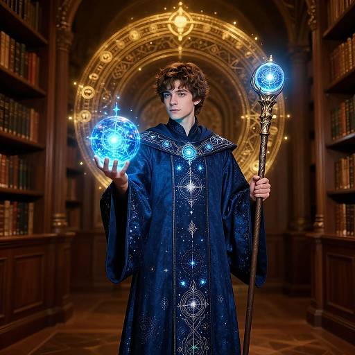 Mystical Young Wizard in Ancient Library