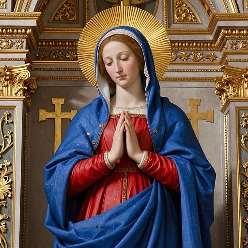 Photorealistic digital artwork of the Virgin Mary, with pale skin, red dress, blue cloak, golden halo, hands in prayer, ornate gold