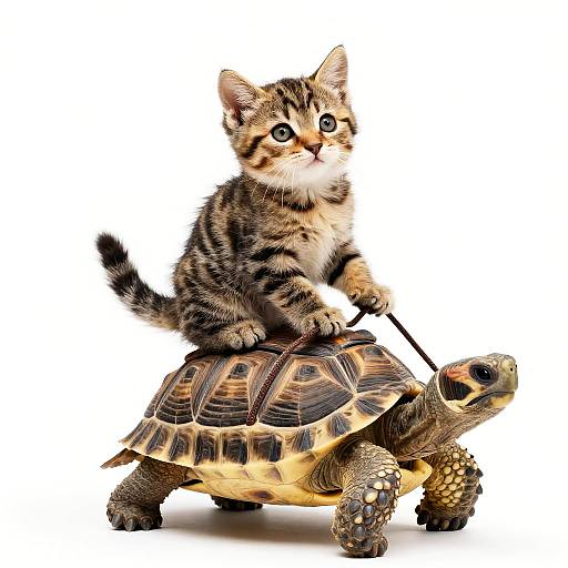 Funny Kitten Riding Turtle Scene