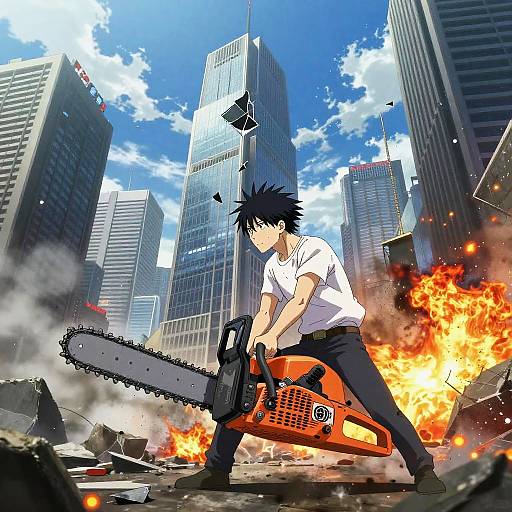 Chainsaw Man in Chaotic Cityscape