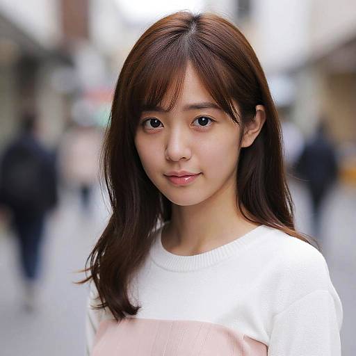 Photograph of a young Asian woman with long brown hair, wearing a white sweater, standing in a blurred urban street.