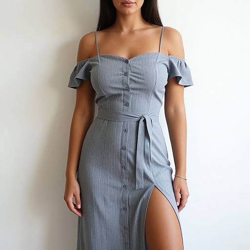 Photograph of a woman with long dark hair wearing a blue, off-shoulder, ribbed dress with buttons and a side slit.