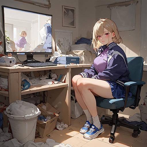 Anime Girl Embarrassed in Messy Room