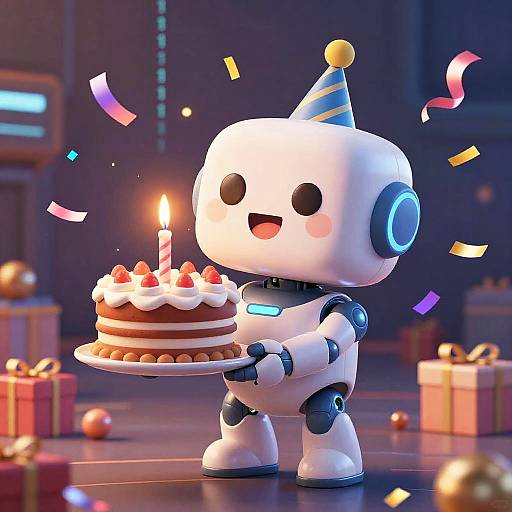 Cute, white, robotic birthday character with blue party hat, holding cake with candle, surrounded by colorful confetti and gifts, in a dimly