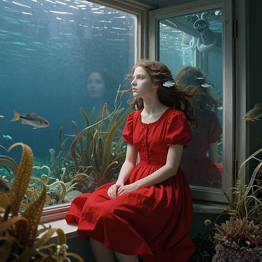 Photograph of a young woman with fair skin and brown hair, wearing a red dress, sitting by an underwater aquarium, surrounded by fish and aquatic plants