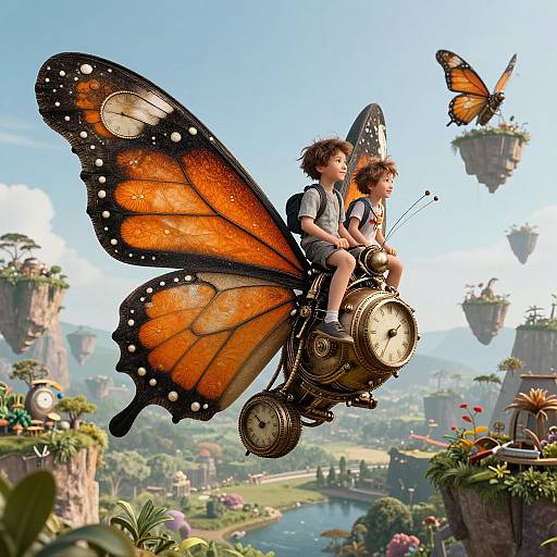 Fantastical CGI image of two curly-haired children riding a clockwork butterfly with orange-black wings, soaring above a whimsical floating island landscape with vibrant