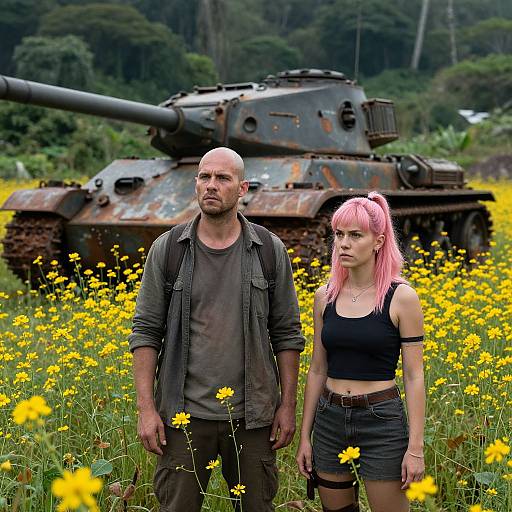 Photograph of a bald, muscular man in a gray shirt and brown pants standing beside a pink-haired woman in a black crop top and shorts, in