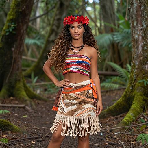 Woman in Native American-Inspired Outfit in Forest