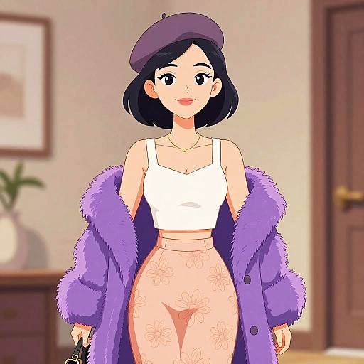 Digital anime-style drawing of a cute woman with short black hair, wearing a purple beret, white crop top, floral high-waisted pants,