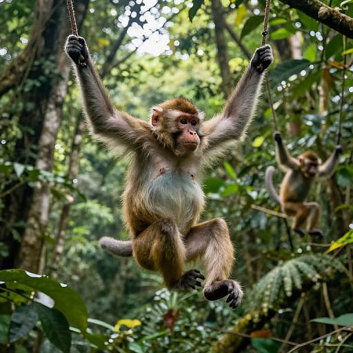 Photograph of a brown and white monkey swinging by its arms in a lush, green jungle, with another monkey visible in the background.