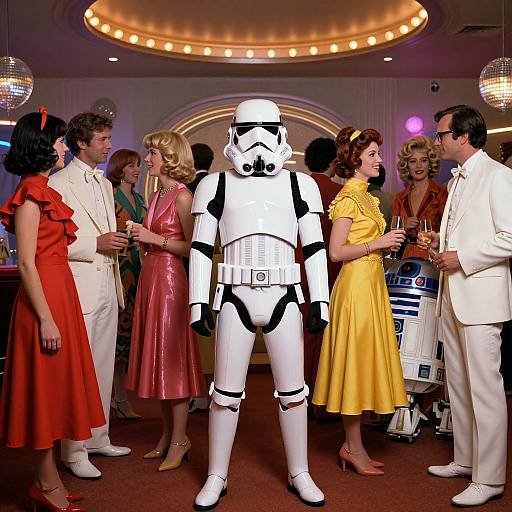 Photograph of a 1950s-themed party with people in vintage dresses and suits, a Stormtrooper costume center stage, and R2-D