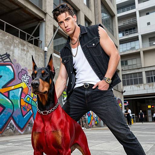 Photograph of a muscular, dark-haired man in a black vest and white tee, standing confidently with a chained, red and black Doberman in an