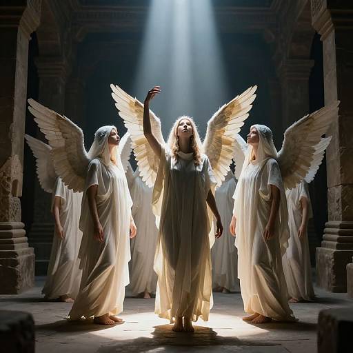 Photograph of four angelic women in white robes and wings, illuminated by a spotlight, raising their arms in a dark, ancient temple.