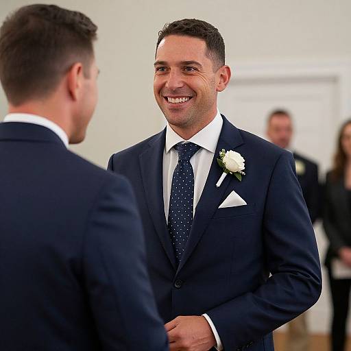 Photograph of a smiling, dark-haired man in a navy suit with white flower boutonnière, facing another man in a navy suit, in