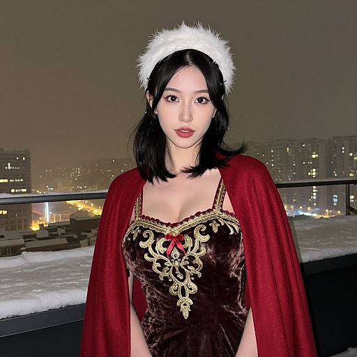 Photograph of an Asian woman with black hair, wearing a red velvet corset with gold embroidery, red cape, and white fur headband, standing