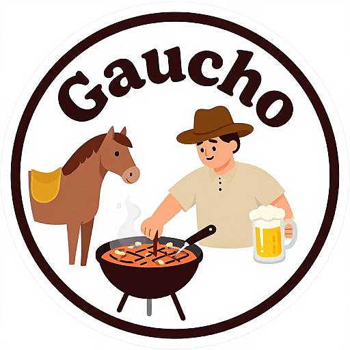 Cartoon-style logo: man in hat grilling ribs, brown horse with yellow saddle, frothy beer, 
