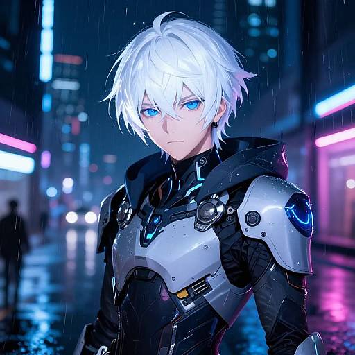 Digital anime-style artwork of a white-haired, blue-eyed male with futuristic armor in a neon-lit, rainy cityscape at night.