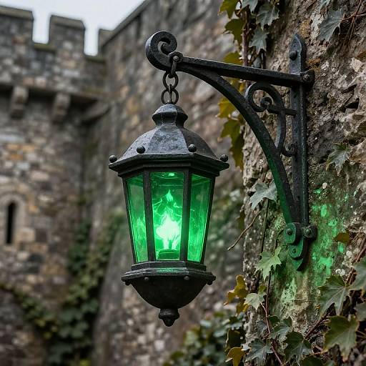 Photograph of a green, glowing, antique lantern mounted on a weathered stone wall with ivy, against a blurred medieval castle backdrop.