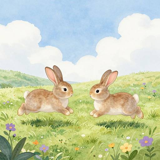 Digital illustration of two brown rabbits with pink ears, playfully jumping in a vibrant green meadow with colorful flowers under a bright blue sky with fluffy white