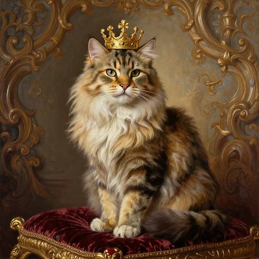 Photorealistic painting of a regal, long-haired tabby cat with a golden crown, sitting on a velvet throne, against an ornate,