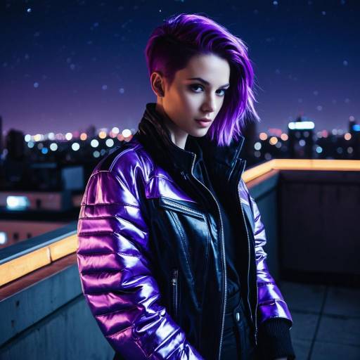 Fashion Model with Electric Purple Hair on Rooftop