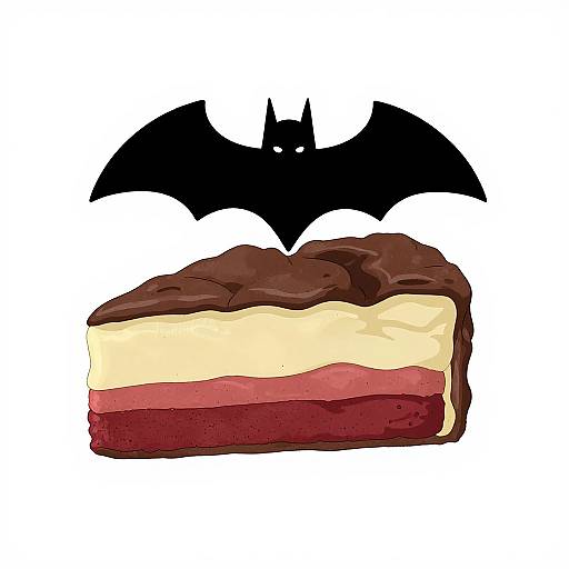 Digital illustration of a layered dessert slice with dark chocolate, creamy yellow, and pink layers, topped by a black bat silhouette.