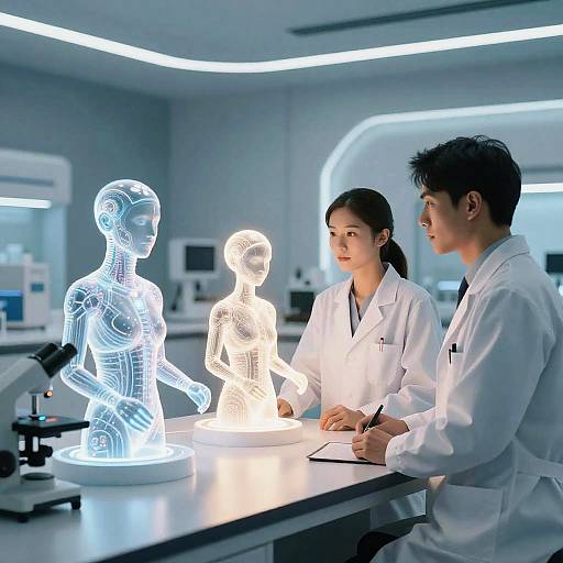 Scientists Studying AI Holograms in Futuristic Lab