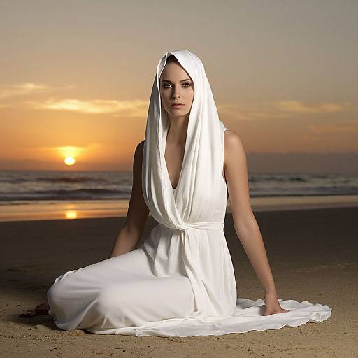 Photograph of a fair-skinned woman with blue eyes, wearing a white, draped, sleeveless gown and veil, kneeling on a sandy beach at