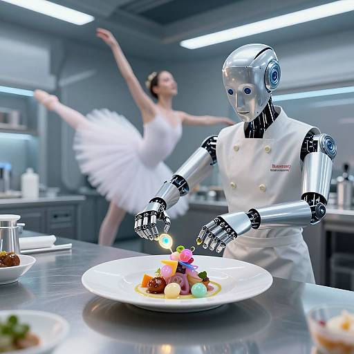 Photograph of a futuristic kitchen: a silver robot chef with glowing eyes prepares colorful dessert, while a ballerina in a white tutu dances in