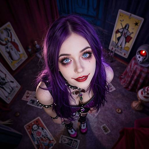 Photograph of a pale-skinned woman with vibrant purple hair, striking blue eyes, and red lipstick, wearing a black leather top, standing in a