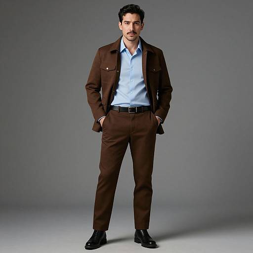 Photograph of a handsome man with dark hair and beard, wearing a brown suit, light blue shirt, black belt, and black shoes, standing confidently