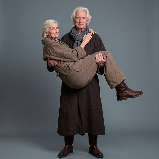 Photograph of an elderly couple; the man with white hair and black robe carries the woman with white hair in brown outfit against a blue gradient background.