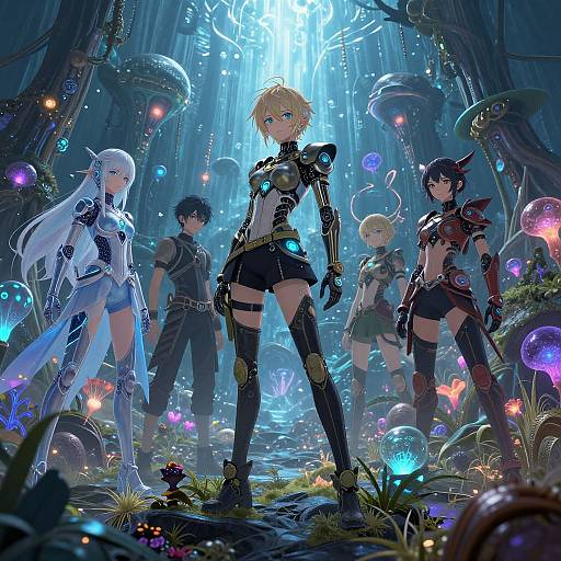 Digital anime artwork of five futuristic, armored characters standing in a glowing, bioluminescent forest filled with colorful mushrooms and orbs. Central blonde-haired character