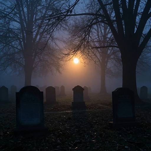Photograph of a foggy cemetery at dawn, with a glowing orange sun behind silhouetted trees and dark gravestones scattered in the foreground