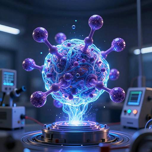 Digital CGI of a glowing, blue-purple molecular structure with spherical and rod-like components, floating on a metallic platform in a futuristic laboratory.