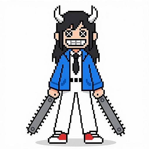 Pixel art of an anime-style girl with black hair, white bunny ears, blue jacket, white pants, red shoes, and dual gray chainsaws.