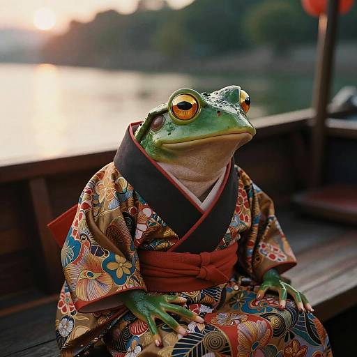 Pepe Frog in Ornate Kimono on Boat